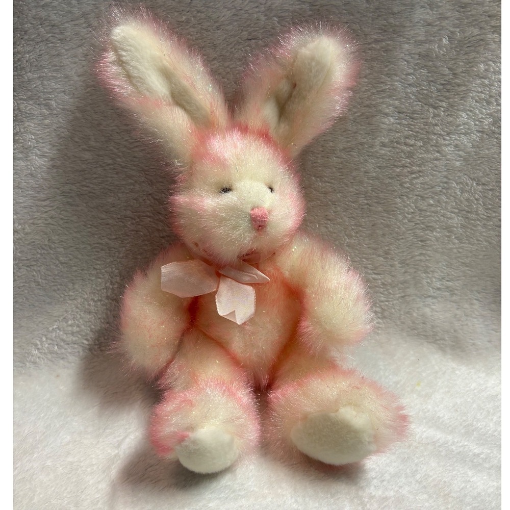 Vintage Russ Berrie Ruffles Bunny Plush Pink Cream Sparkle Tinsel Rabbit Easter